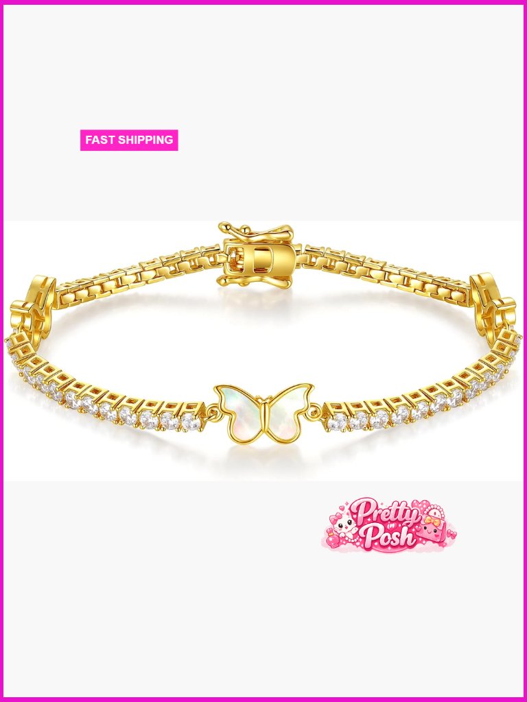 18k Gold Plated Butterfly Bracelet With Mother Of Pearl, Dainty Tennis Bracelet